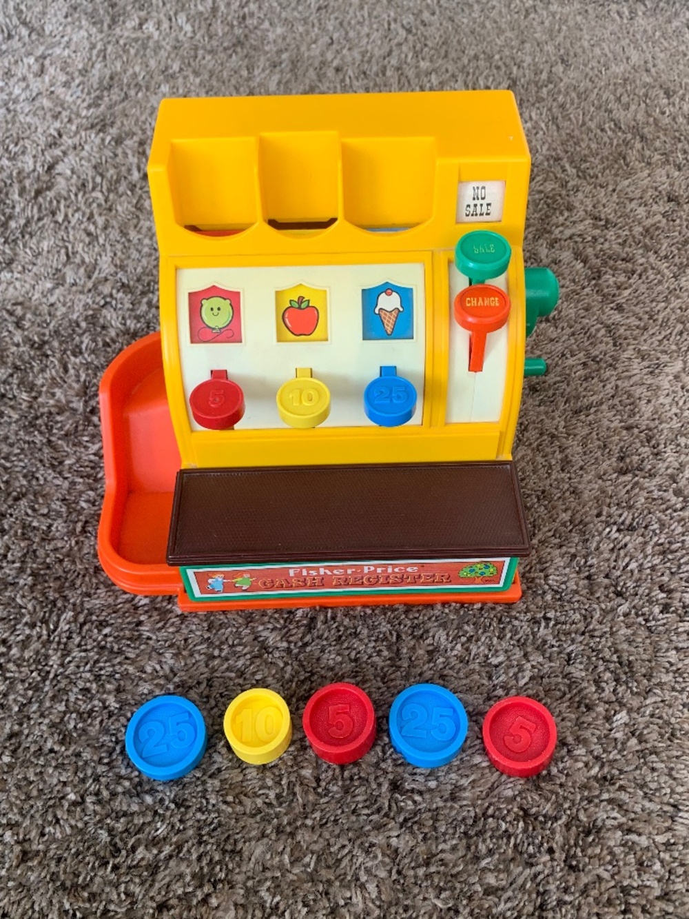 Vintage Fisher Price 1974 Cash Register Toy with Coins Money Pretend Play